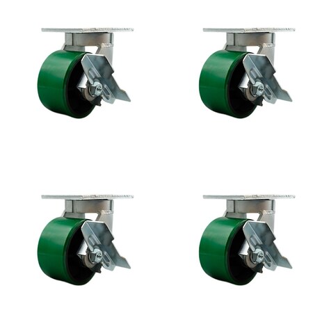Service Caster 6'' Heavy Duty Green Poly on Cast Iron Caster Set with Brake and Swivel Lock, 4PK CRAN-SCC-KP92S630-PUR-GB-SLB-BSL-4